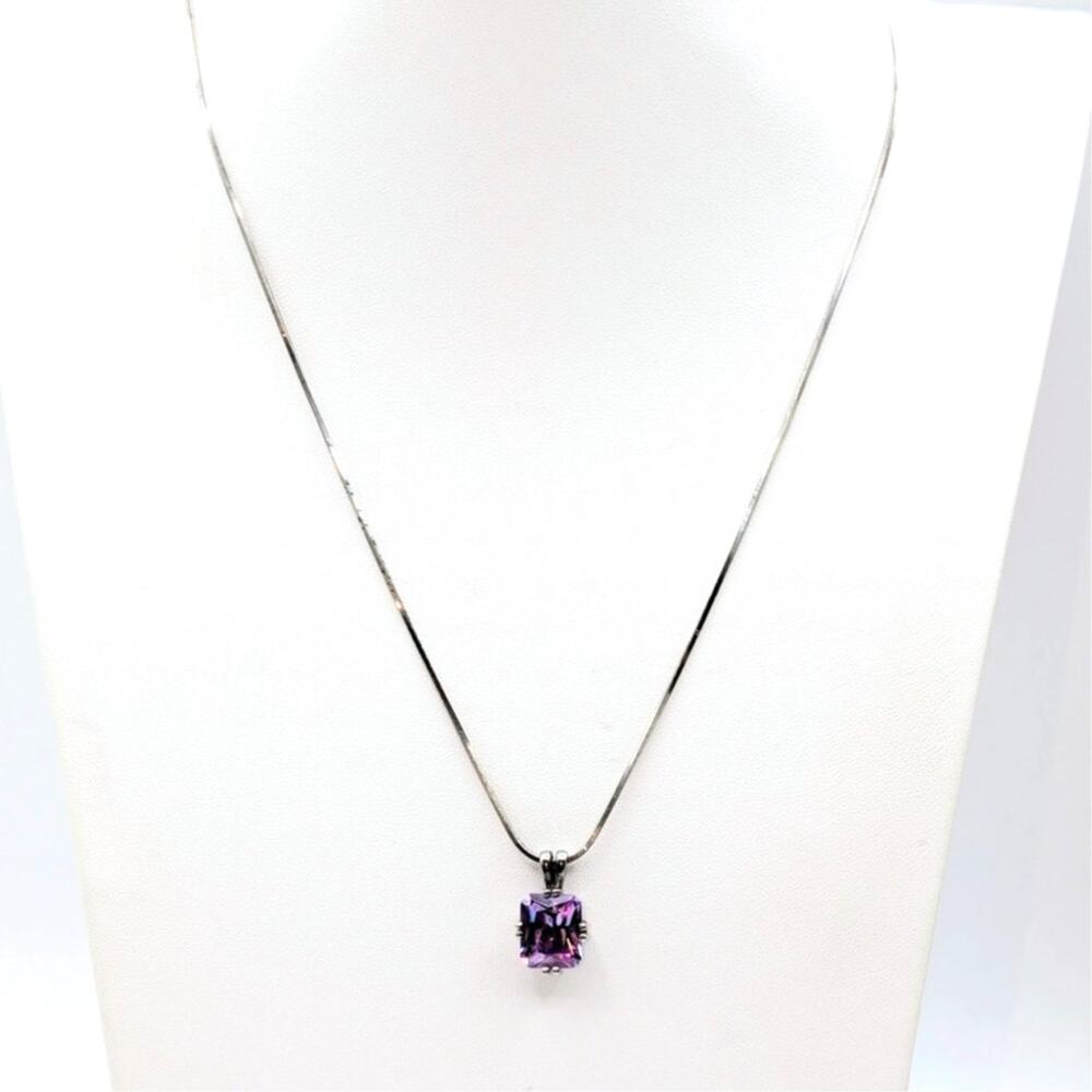 925 Sterling Silver Square Herringbone 20" Chain Lavender CZ Pendant Necklace